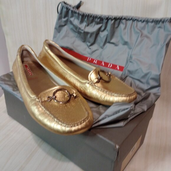Prada Sport Gold Leather Loafers. Size 9 Good condition. In original bag and box - Picture 7 of 9
